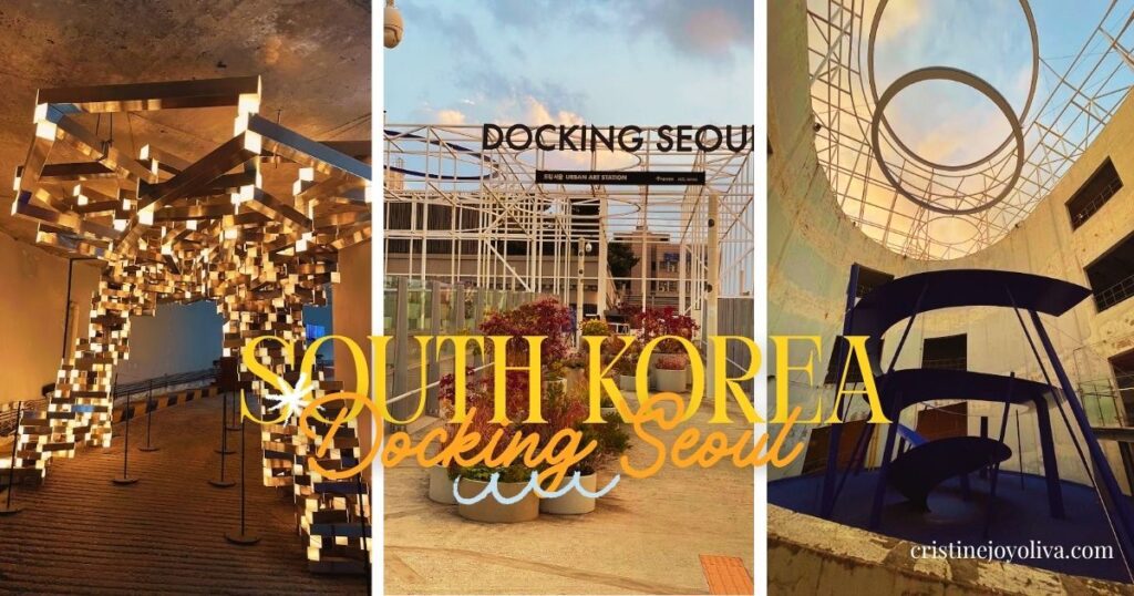 Collage of Docking Seoul: a glowing light installation, the Urban Art Station entrance, and a blue spiral sculpture