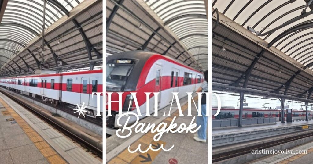 Red and white SRT Dark Red Line train at the platform, the first leg of my Don Mueang Airport to Ratchathewi transfer