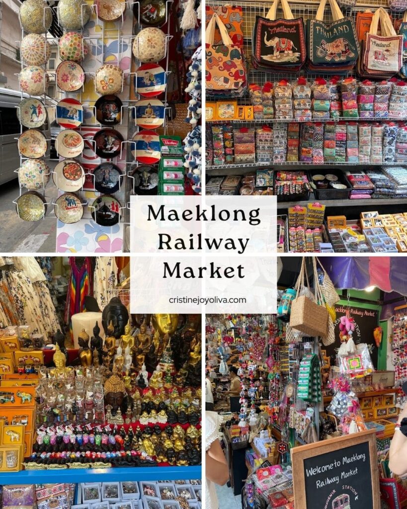Collage showing souvenir stalls with elephant bags, Buddha statues, and coconut bowls at Maeklong Railway Market.