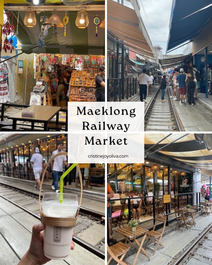 Blog collage featuring souvenir stalls, train tracks, bamboo cup holders, drinks, and cafes at Maeklong Railway Market.