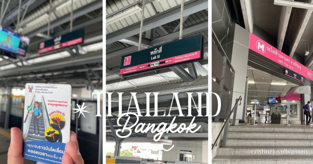 Collage of a BTS single journey card, the Lak Si station sign, and the MRT Pink Line entrance in Bangkok