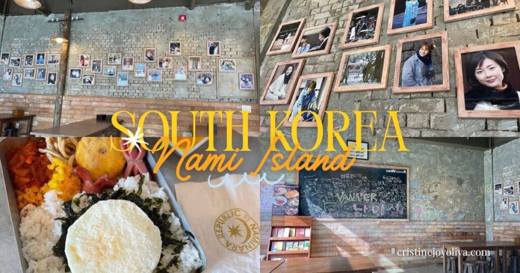 Collage of a themed café on Nami Island with a Korean lunch tray, photo walls, and rustic decor