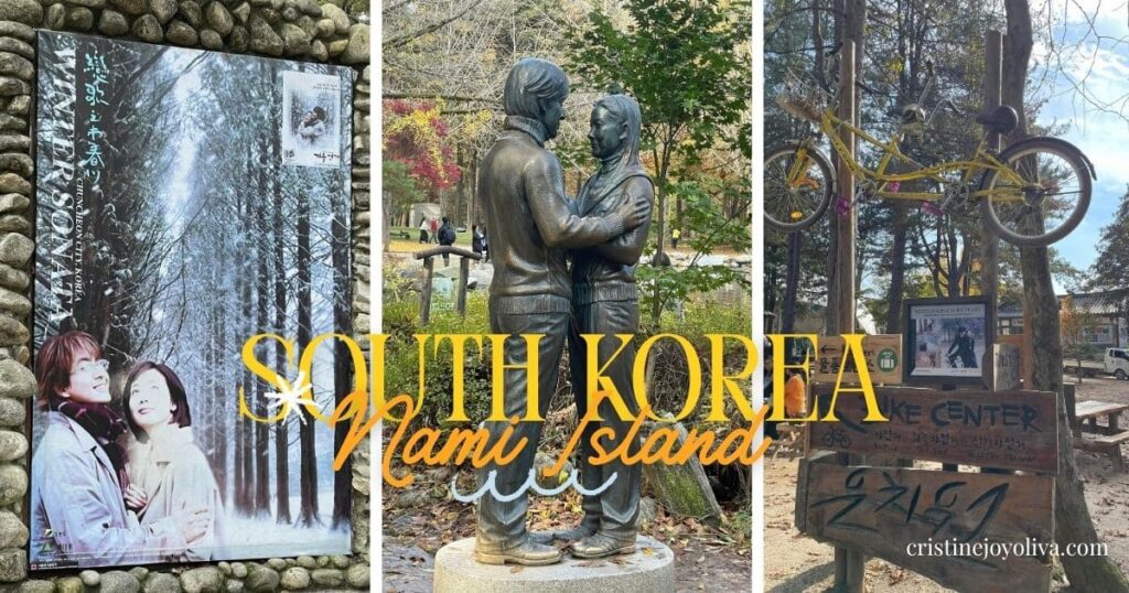 A collage showing the Winter Sonata poster, a bronze statue, and bicycle display on Nami Island.