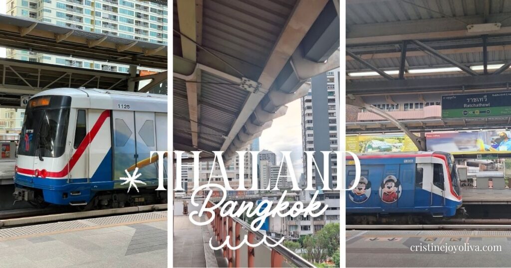 Collage of BTS Skytrains at the platform and the Ratchathewi station sign in Bangkok