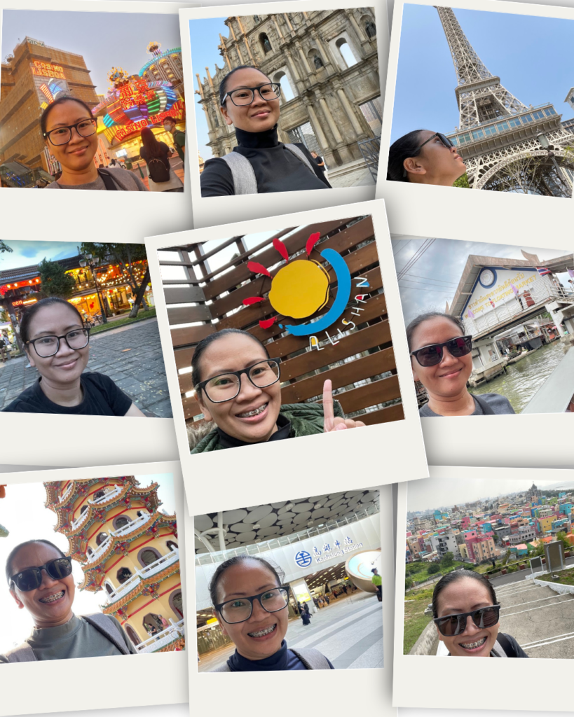 Selfie collage at global landmarks capturing a solo female travel journey.