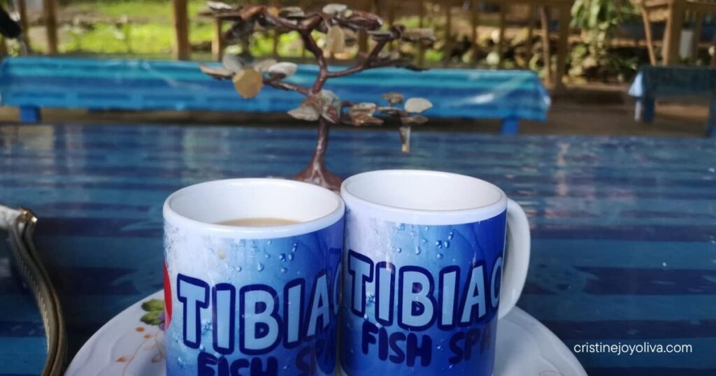 wo mugs of hot drink printed with Tibiao Fish Spa on a blue table in Tibiao, Antique